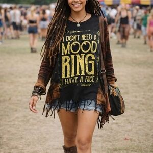Black Graphic Tee with Fringe Attached Cardigan Boho Festival